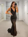Sheath/Column V-Neck Sleeveless Unadorned Sweep Train Lace Evening Dress