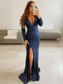 Sheath/Column V-Neck Long Sleeves Sweep Train Shimmery Sequins Evening Dress With Slit