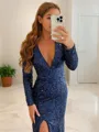 Sheath/Column V-Neck Long Sleeves Sweep Train Shimmery Sequins Evening Dress With Slit