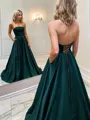 A-line Strapless Charming Sleeveless Sweep Train Satin Corset Evening Dress