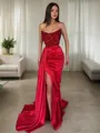 Sheath/Column Strapless Sleeveless Streamlined Sweep Train Silk like Satin Corset Evening Dress With Slit