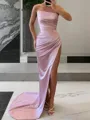 Sheath/Column Strapless Sleeveless Sweep Train Fitted Silk like Satin Corset Evening Dress With Slit