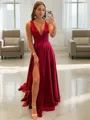 Dreamy A-line V-Neck Sleeveless Sweep Train Silk like Satin Evening Dress With Slit