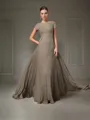 Perfect A-line V-Neck Short Sleeves Floor-Length Chiffon Evening Dress With Beading