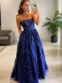 A-line Strapless Sleeveless Sweep Train Unique Tulle Corset Evening Dress