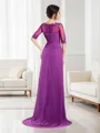 Sheath/Column Scoop 1/2 Sleeves Sweep Train Chiffon Classic Evening Dress With Applique