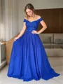 A-line Off-the-Shoulder Sleeveless Pretty Sweep Train Silk like Satin Evening Dress