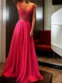 A-line Scoop Sleeveless Sweep Train Exquisite Chiffon Evening Dress With Applique
