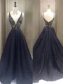 A-line V-Neck Dazzling Sleeveless Sweep Train Taffeta Evening Dress With Beading