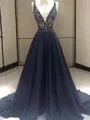 A-line V-Neck Dazzling Sleeveless Sweep Train Taffeta Evening Dress With Beading