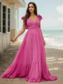 A-line V-Neck Balanced Sleeveless Sweep Train Chiffon Evening Dresses