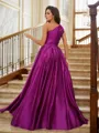 A-line One-Shoulder Sophisticated Sleeveless Floor-Length Satin Evening Dresses