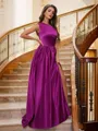 A-line One-Shoulder Sophisticated Sleeveless Floor-Length Satin Evening Dresses