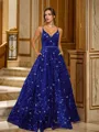 A-line V-Neck Luminescent Sleeveless Sweep Train Velvet Sequins Evening Dresses