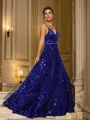 A-line V-Neck Luminescent Sleeveless Sweep Train Velvet Sequins Evening Dresses