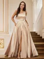A-line One-Shoulder Dazzling Sleeveless Floor-Length Satin Evening Dresses