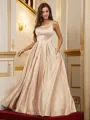 A-line One-Shoulder Dazzling Sleeveless Floor-Length Satin Evening Dresses