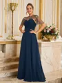A-line Scoop Pretty Short Sleeves Sweep Train Chiffon Evening Dresses