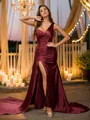 Sheath/Column One-Shoulder Figure-hugging Sleeveless Sweep Train Silk like Satin Evening Dresses