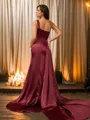 Sheath/Column One-Shoulder Figure-hugging Sleeveless Sweep Train Silk like Satin Evening Dresses