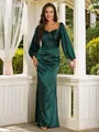 Sheath/Column V-Neck Minimalist Long Sleeves Floor-Length Silk like Satin Evening Dresses