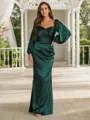 Sheath/Column V-Neck Minimalist Long Sleeves Floor-Length Silk like Satin Evening Dresses