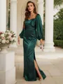 Sheath/Column V-Neck Minimalist Long Sleeves Floor-Length Silk like Satin Evening Dresses