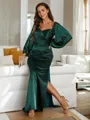 Sheath/Column V-Neck Minimalist Long Sleeves Floor-Length Silk like Satin Evening Dresses