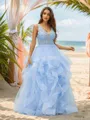 A-line V-Neck Delicate Sleeveless Floor-Length Tulle Evening Dresses
