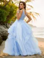 A-line V-Neck Delicate Sleeveless Floor-Length Tulle Evening Dresses
