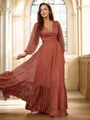 A-line V-Neck Charming Long Sleeves Sweep Train 30D Chiffon Evening Dresses