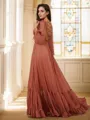 A-line V-Neck Charming Long Sleeves Sweep Train 30D Chiffon Evening Dresses