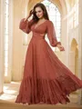 A-line V-Neck Charming Long Sleeves Sweep Train 30D Chiffon Evening Dresses