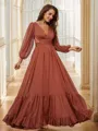 A-line V-Neck Charming Long Sleeves Sweep Train 30D Chiffon Evening Dresses