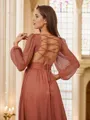 A-line V-Neck Charming Long Sleeves Sweep Train 30D Chiffon Evening Dresses