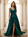 A-line V-Neck Sleeveless Court Train Feminine Silk like Satin Evening Dresses