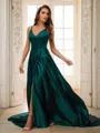 A-line V-Neck Sleeveless Court Train Feminine Silk like Satin Evening Dresses