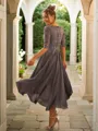 A-line Scoop Charming 1/2 Sleeves Asymmetrical Chiffon Evening Dresses