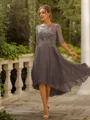 A-line Scoop Charming 1/2 Sleeves Asymmetrical Chiffon Evening Dresses