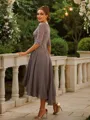 A-line Scoop Charming 1/2 Sleeves Asymmetrical Chiffon Evening Dresses