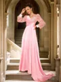A-line V-Neck Exquisite Long Sleeves Sweep Train Silk like Satin Evening Dresses