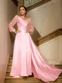 A-line V-Neck Exquisite Long Sleeves Sweep Train Silk like Satin Evening Dresses