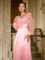 A-line V-Neck Exquisite Long Sleeves Sweep Train Silk like Satin Evening Dresses