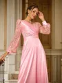A-line V-Neck Exquisite Long Sleeves Sweep Train Silk like Satin Evening Dresses