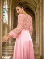 A-line V-Neck Exquisite Long Sleeves Sweep Train Silk like Satin Evening Dresses