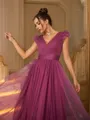 A-line V-Neck Stunning Sleeveless Floor-Length Tulle Evening Dresses