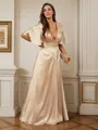 A-line V-Neck Classy Short Sleeves Floor-Length Silk like Satin Evening Dresses