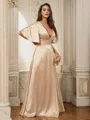 A-line V-Neck Classy Short Sleeves Floor-Length Silk like Satin Evening Dresses