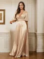 A-line V-Neck Classy Short Sleeves Floor-Length Silk like Satin Evening Dresses