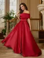 A-line One-Shoulder Sleeveless Subtle Sweep Train Satin Evening Dresses